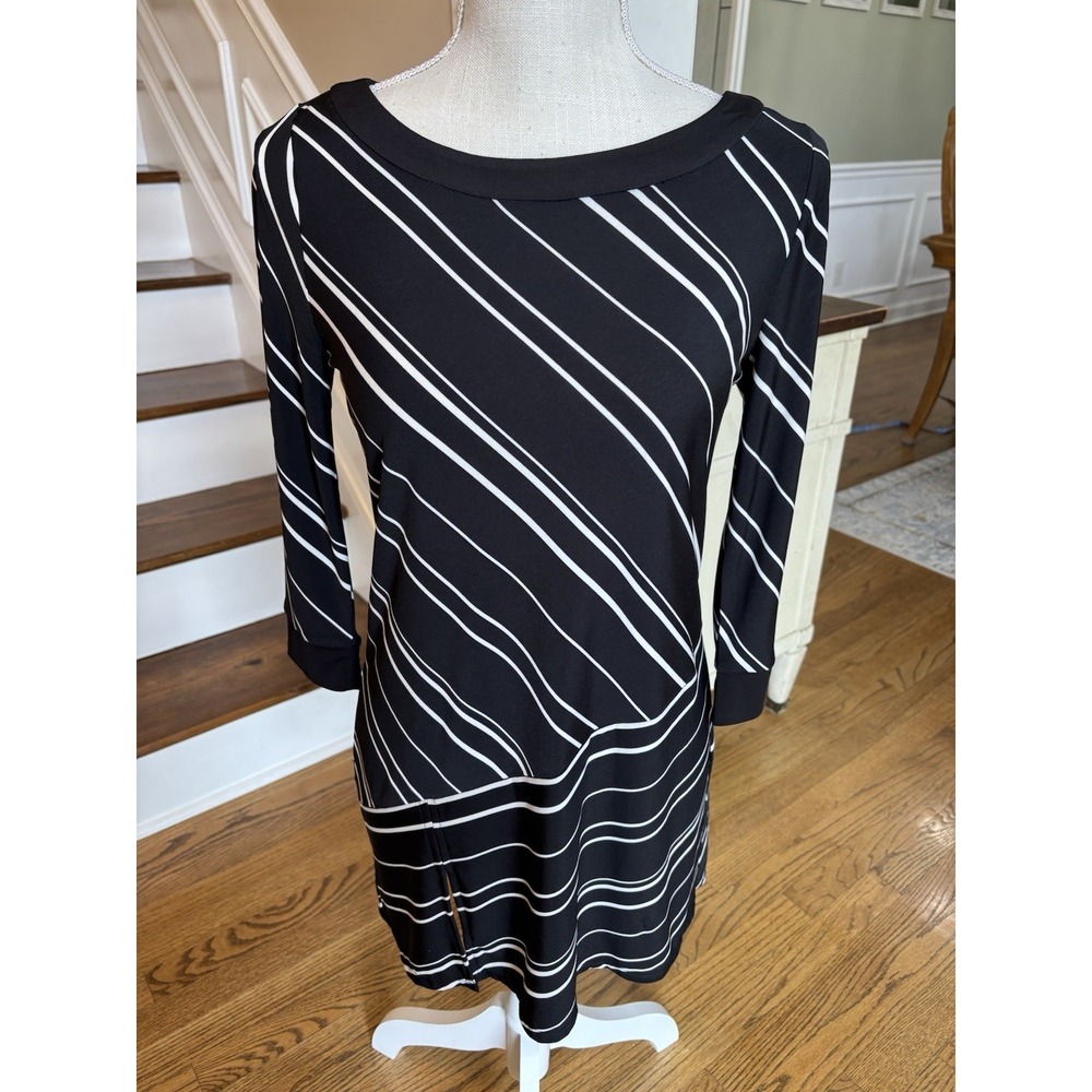 White House Black Market Asym Stripe Tunic Black Ecru XS 570250848 NEW‎